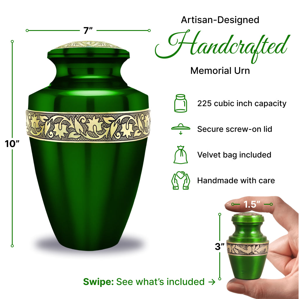 Green & Gold Engraved Grecian Cremation Urn