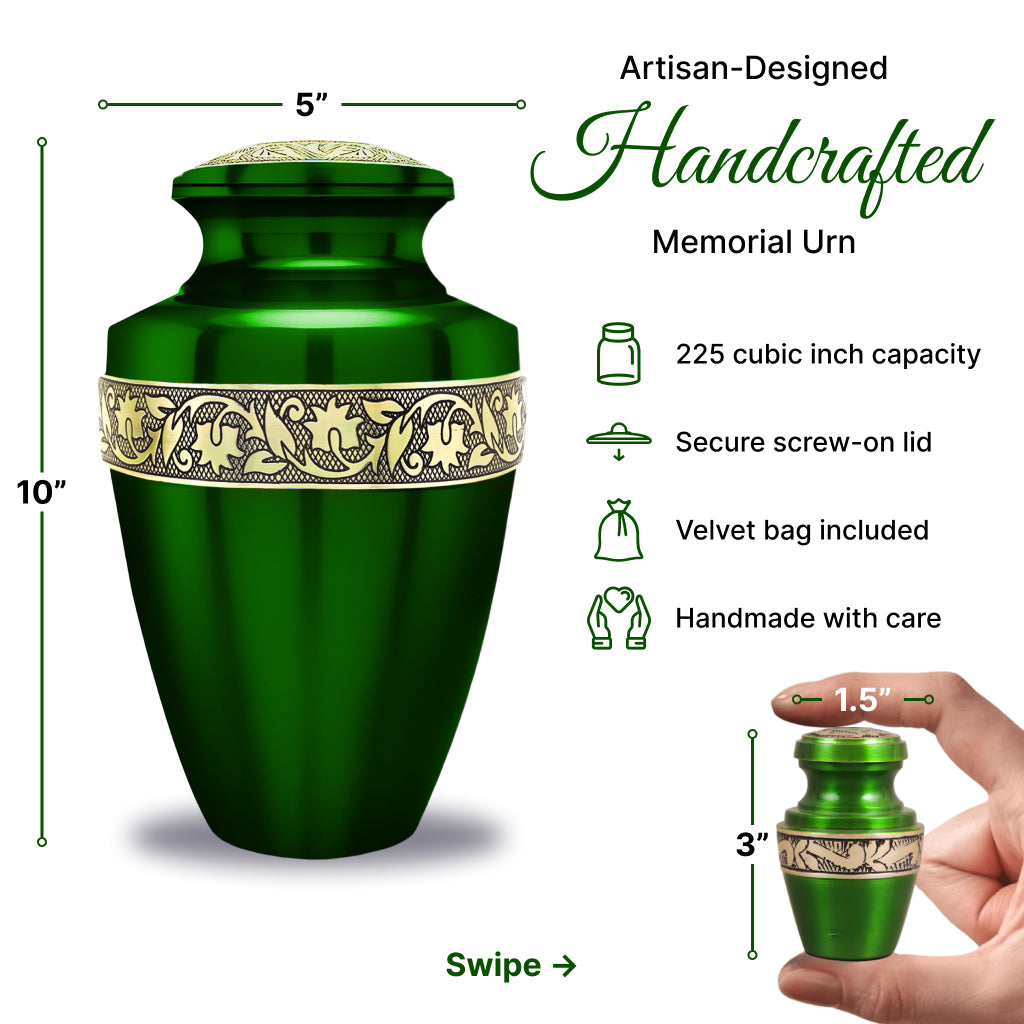 Green & Gold Engraved Grecian Cremation Urn