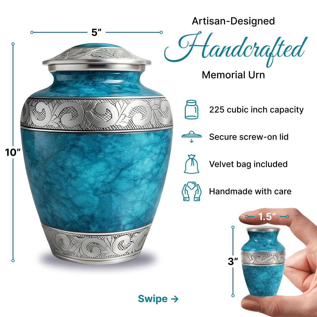 Blue Teal Marble & Silver Hand-Engraved Cremation Urn