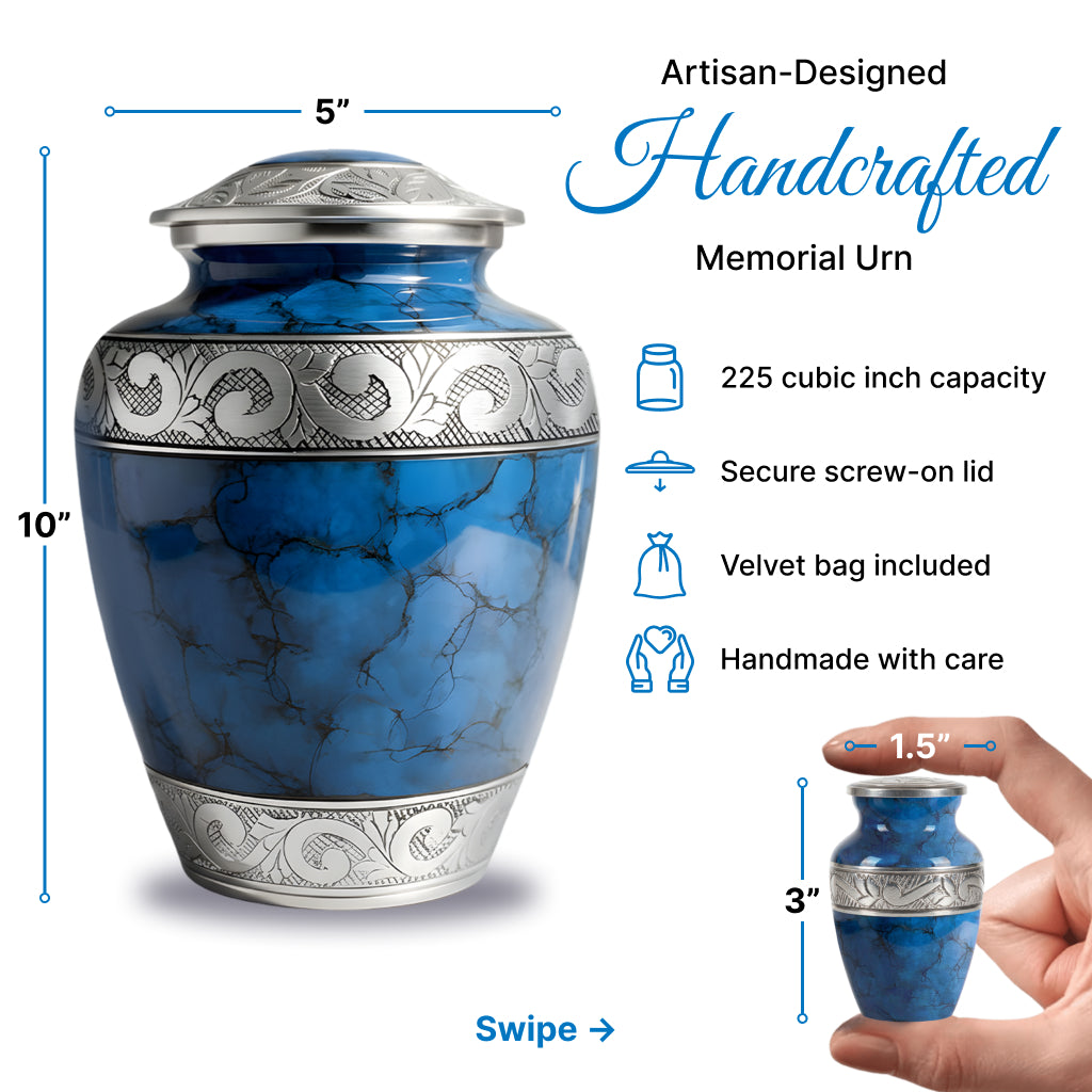 Blue Patch & Silver Engraved Cremation Urn