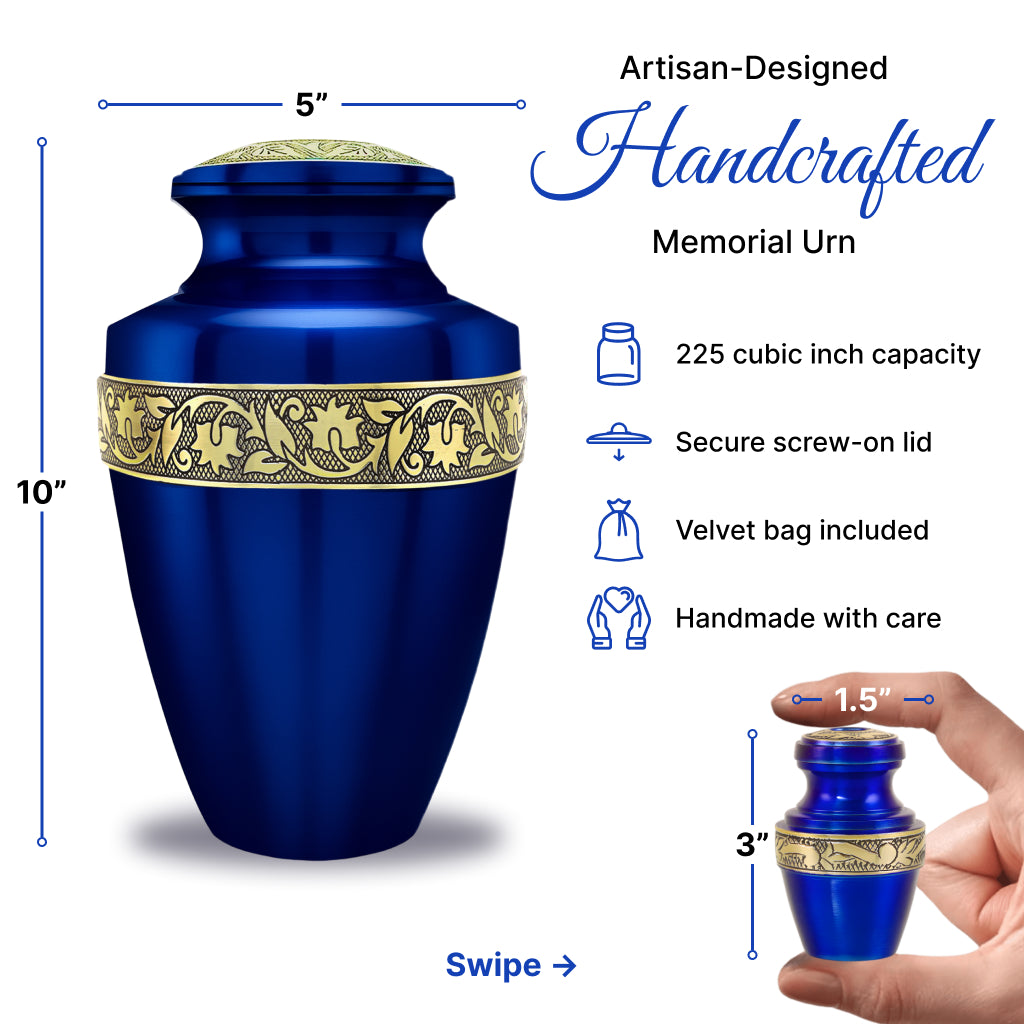 Blue & Gold Engraved Grecian Cremation Urn