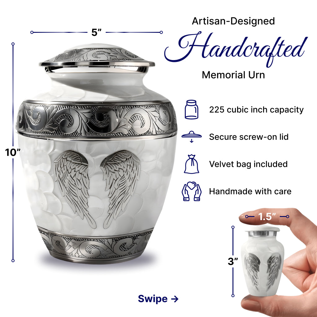 White Patch & Silver Hand-Engraved Cremation Urn