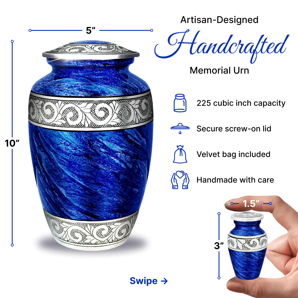Eternal Blue & Silver Hand-Engraved Cremation Urn