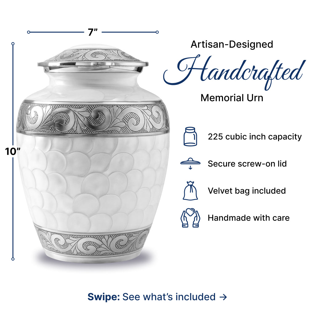 White Patch & Silver Hand-Engraved Cremation Urn