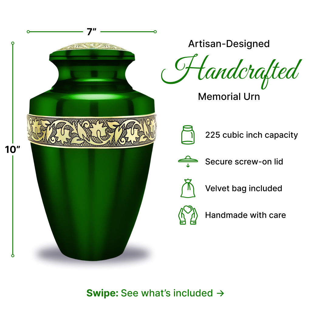 Green & Gold Engraved Grecian Cremation Urn