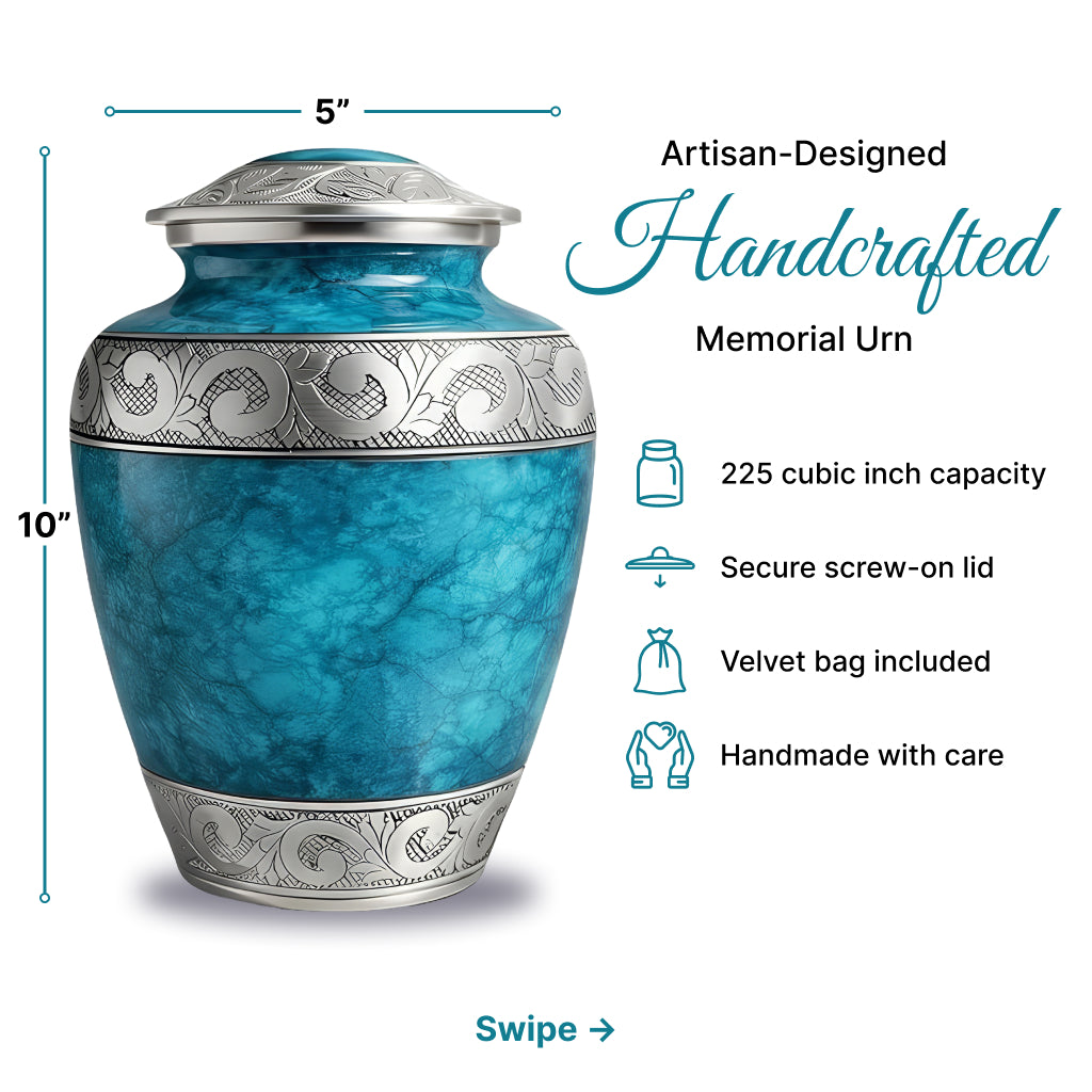 Blue Teal Marble & Silver Hand-Engraved Cremation Urn