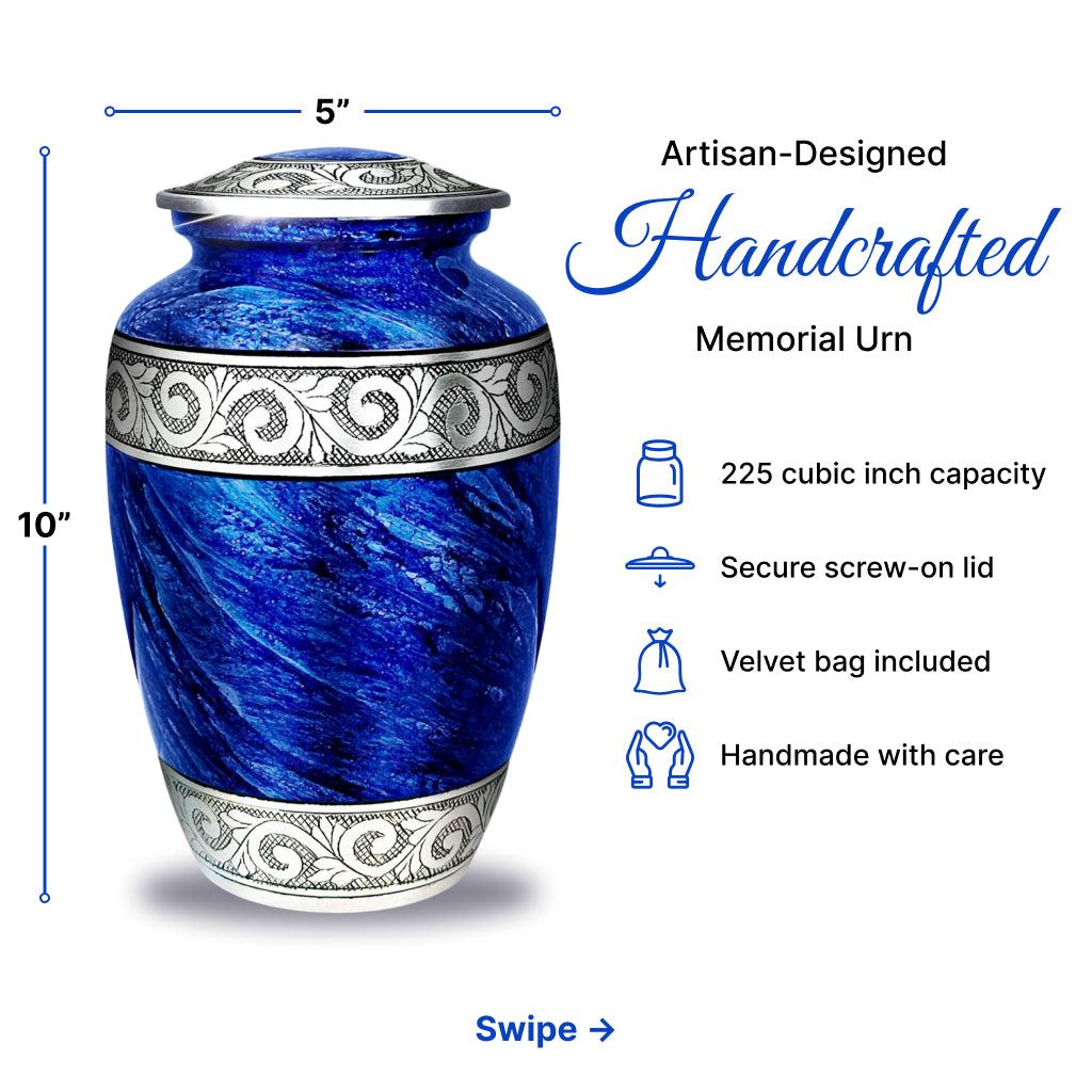 Eternal Blue & Silver Hand-Engraved Cremation Urn