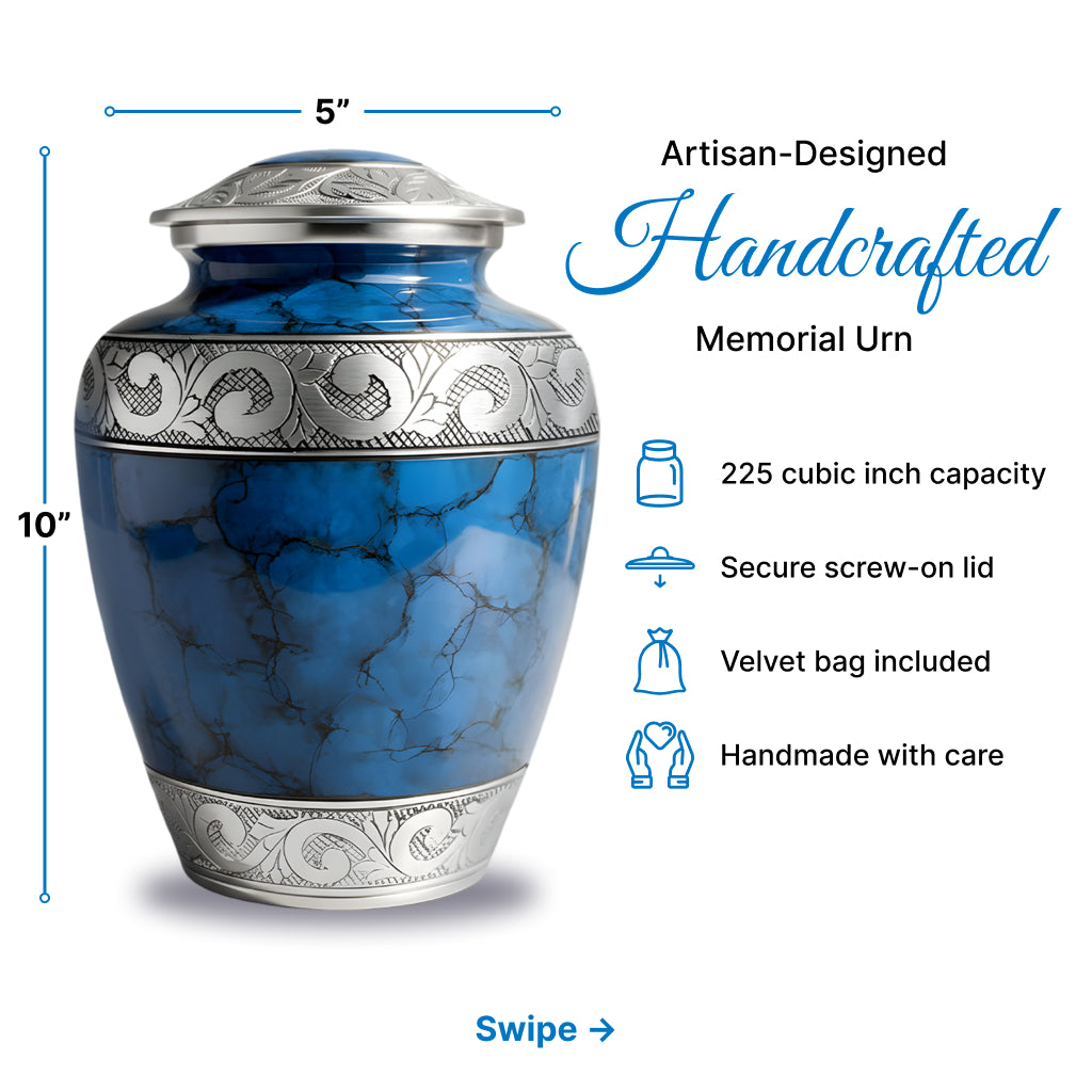 Blue Patch & Silver Engraved Cremation Urn