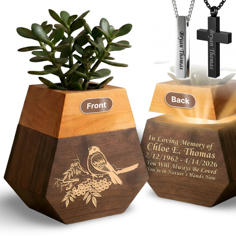 Wooden Plant Cremation Urn with Birds & Flowers Design for Nature Lovers