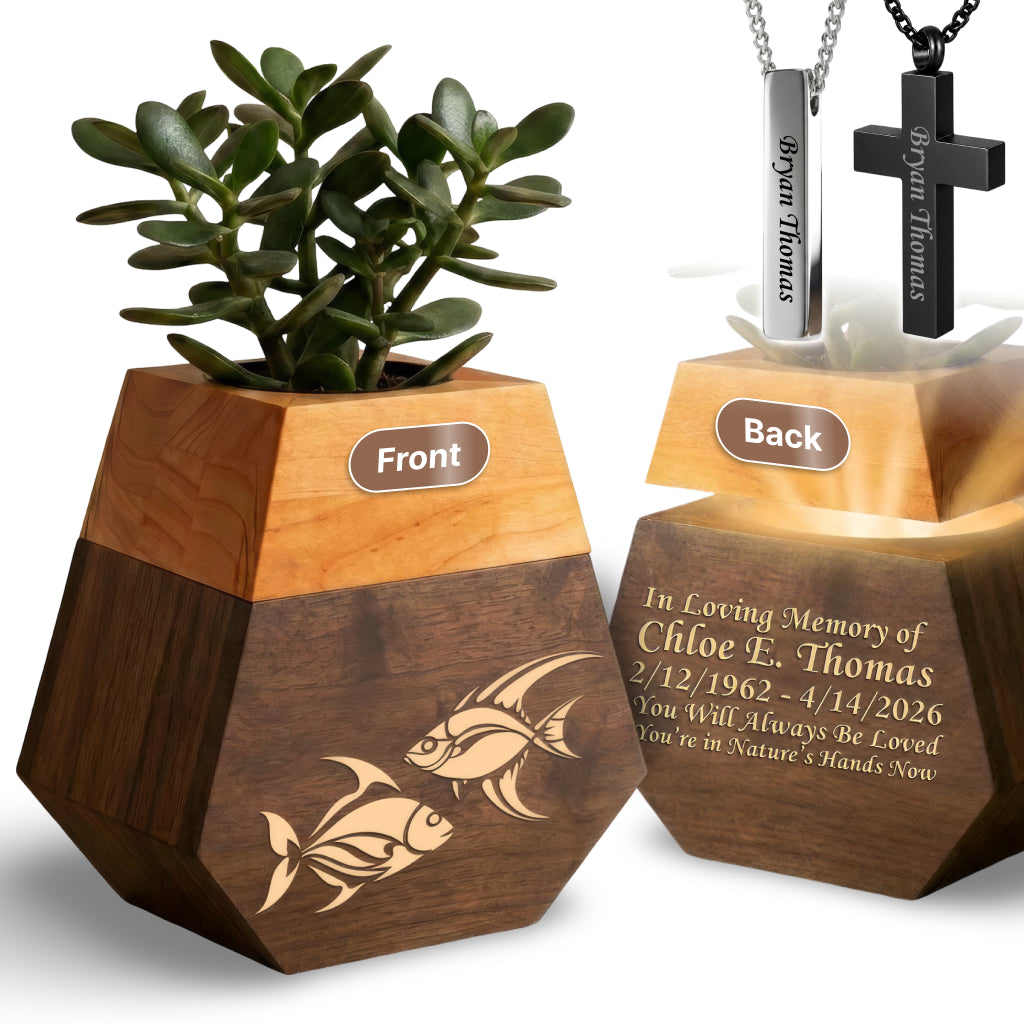 Wooden Plant Cremation Urn with Coastal Nature Design for Ocean Lovers