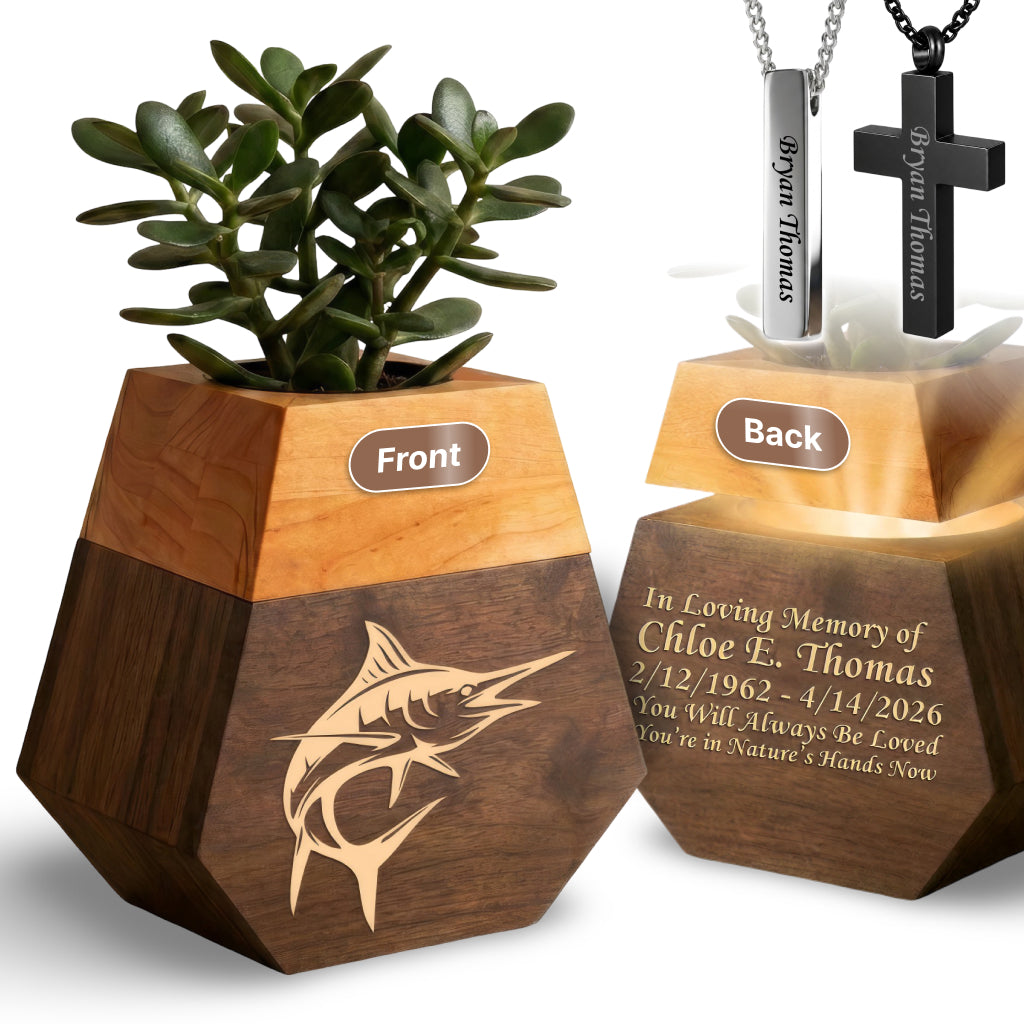 Wooden Plant Cremation Urn with Coastal Nature Design for Ocean Lovers