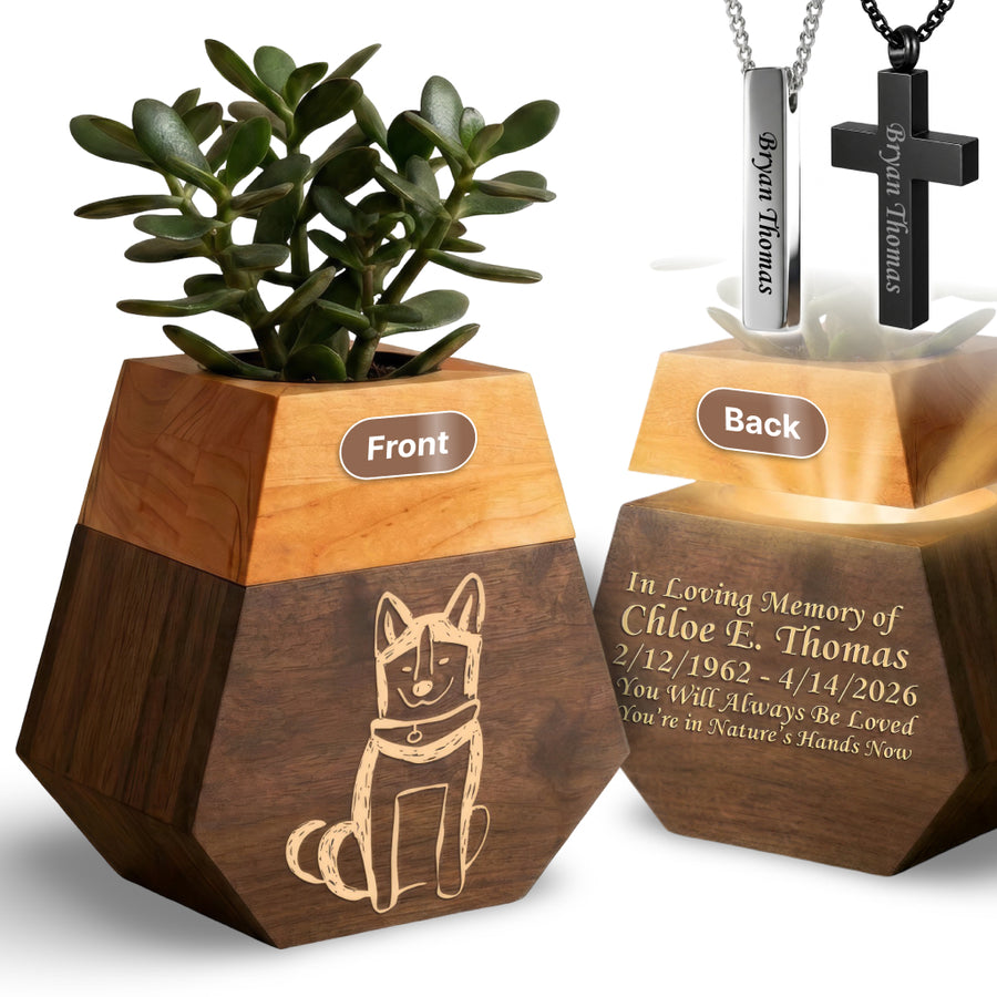 Wooden Plant Cremation Urn with Beloved Dog Design for Pet Lovers
