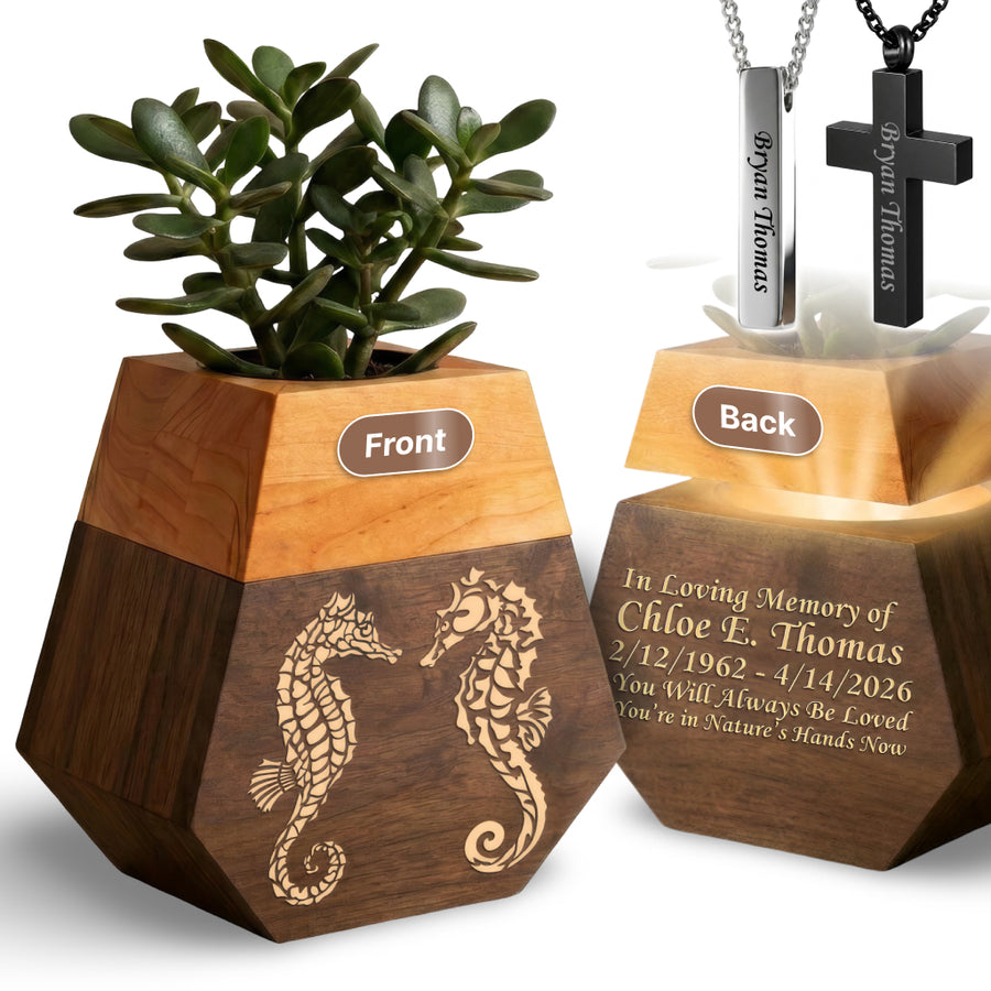 Wooden Plant Cremation Urn with Coastal Nature Design for Ocean Lovers