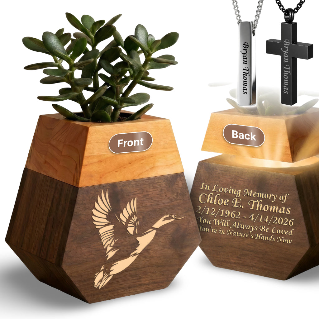 Wooden Plant Cremation Urn with Coastal Nature Design for Ocean Lovers