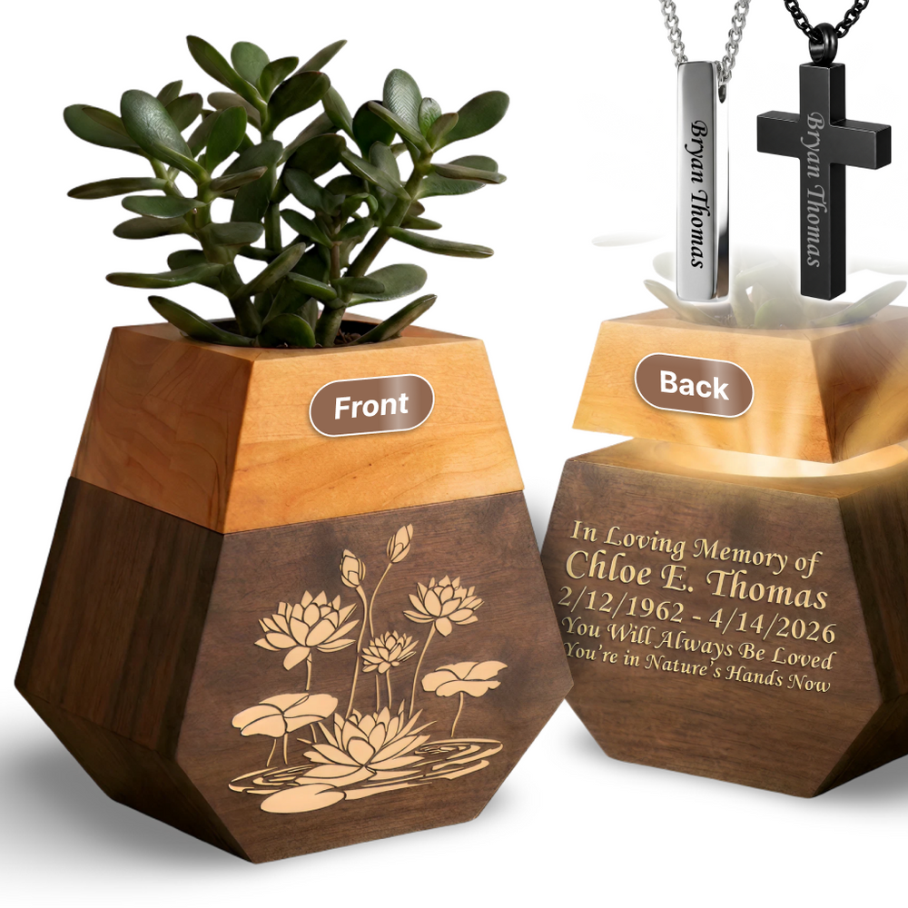 Wooden Plant Cremation Urn with Birds & Flowers Design for Nature Lovers