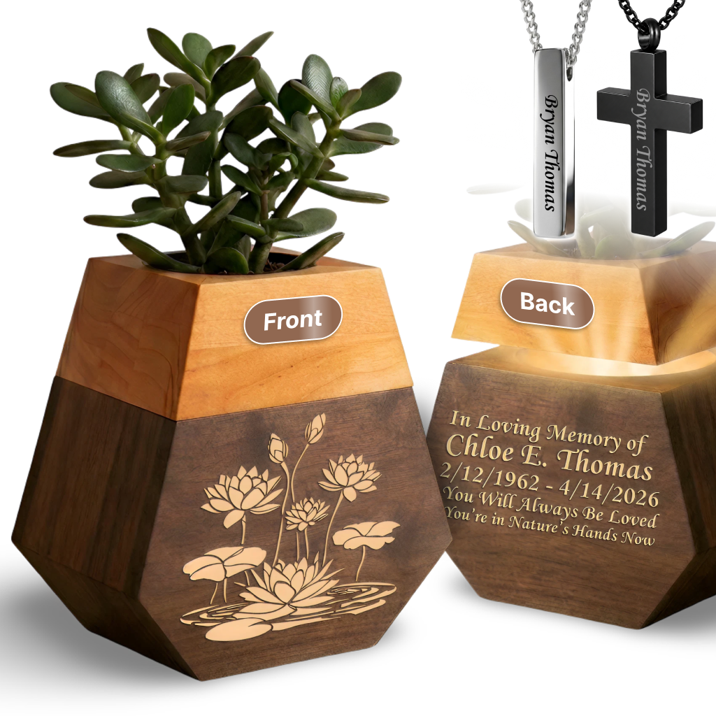 Wooden Plant Cremation Urn with Birds & Flowers Design for Nature Lovers