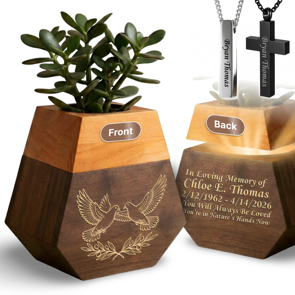 Wooden Plant Cremation Urn with Birds & Flowers Design for Nature Lovers