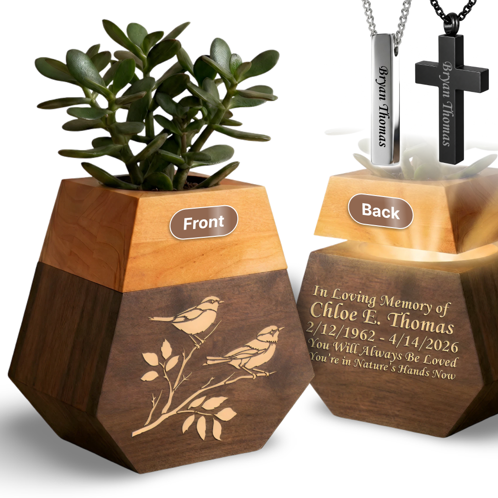 Wooden Plant Cremation Urn with Birds & Flowers Design for Nature Lovers