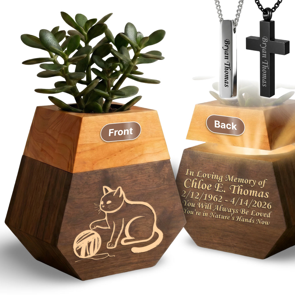 Wooden Plant Cremation Urn with Playful Cat Design for Pet Lovers