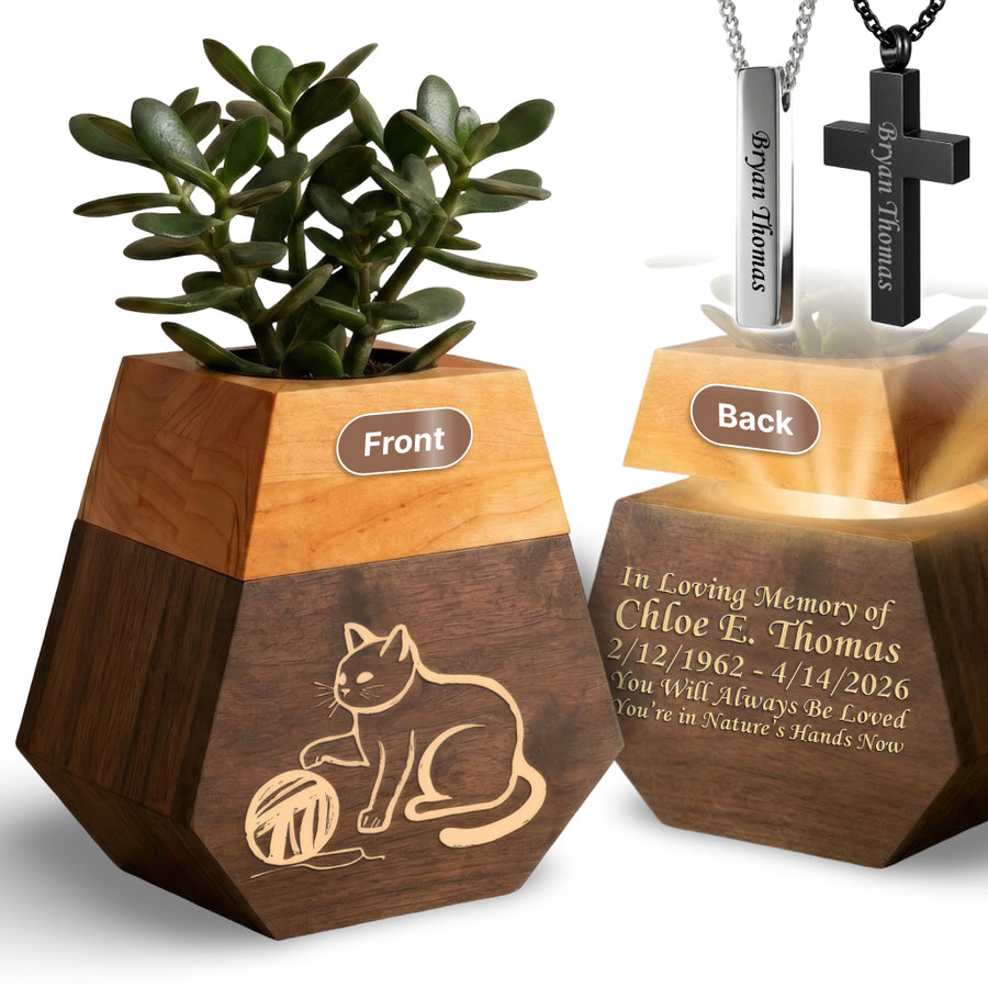 Wooden Plant Cremation Urn with Playful Cat Design for Pet Lovers