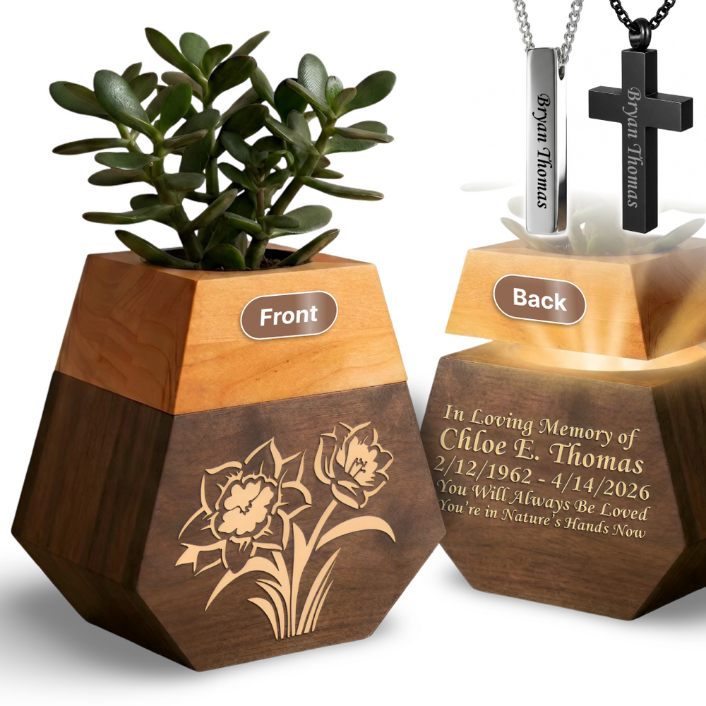 Wooden Plant Cremation Urn with Birds & Flowers Design for Nature Lovers