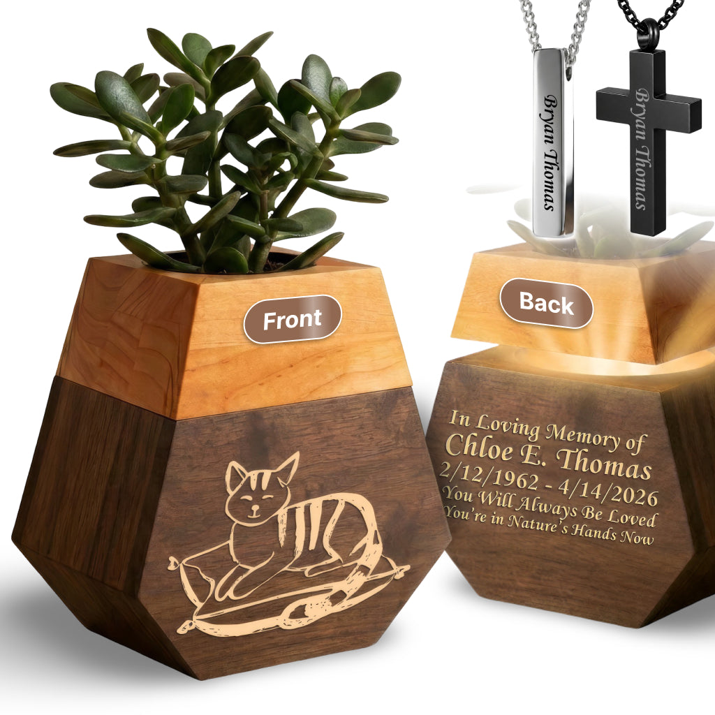 Wooden Plant Cremation Urn with Playful Cat Design for Pet Lovers