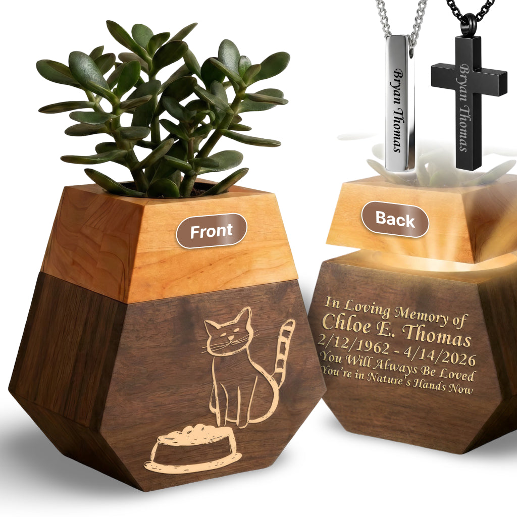 Wooden Plant Cremation Urn with Playful Cat Design for Pet Lovers