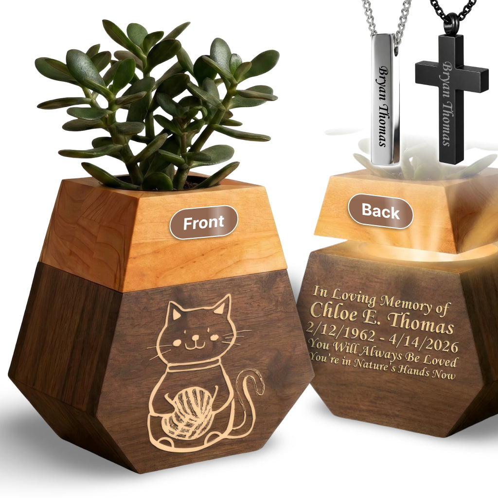 Wooden Plant Cremation Urn with Playful Cat Design for Pet Lovers