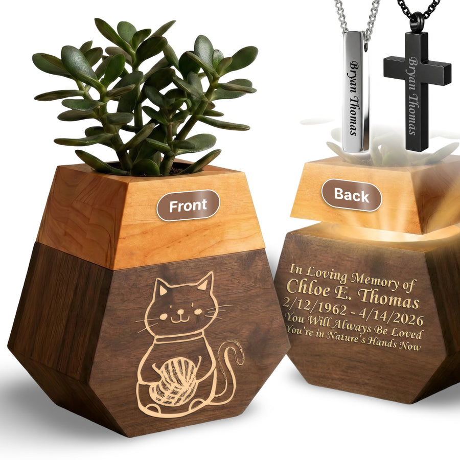 Wooden Plant Cremation Urn with Playful Cat Design for Pet Lovers