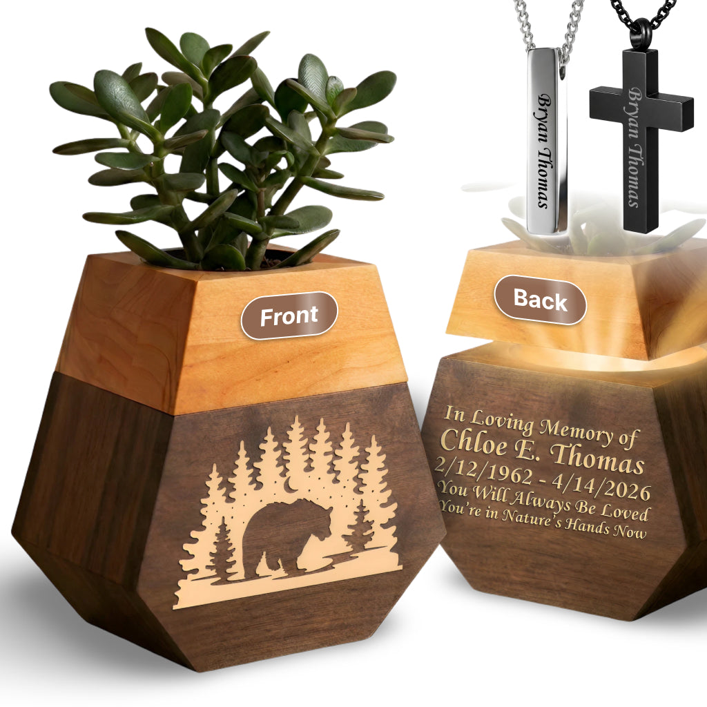 Wooden Plant Cremation Urn with Forest Wildlife Design for Nature Lovers