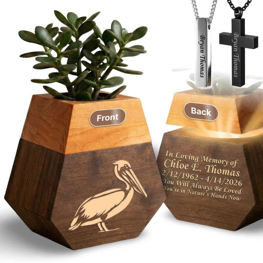 Wooden Plant Cremation Urn with Coastal Nature Design for Ocean Lovers