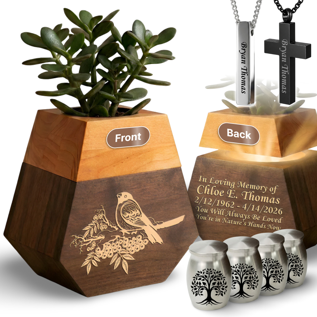 Wooden Plant Cremation Urn with Birds & Flowers Design for Nature Lovers