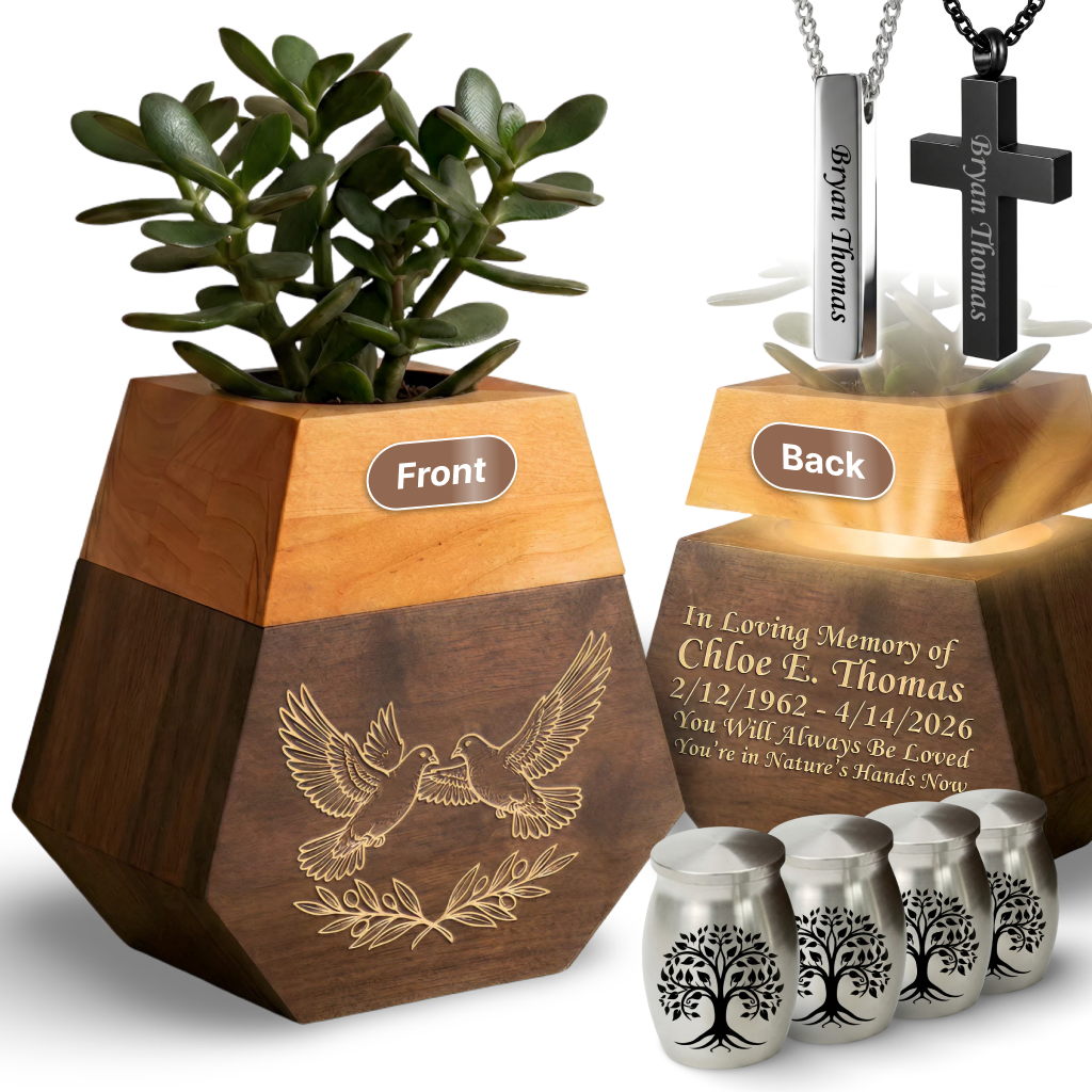 Wooden Plant Cremation Urn with Birds & Flowers Design for Nature Lovers