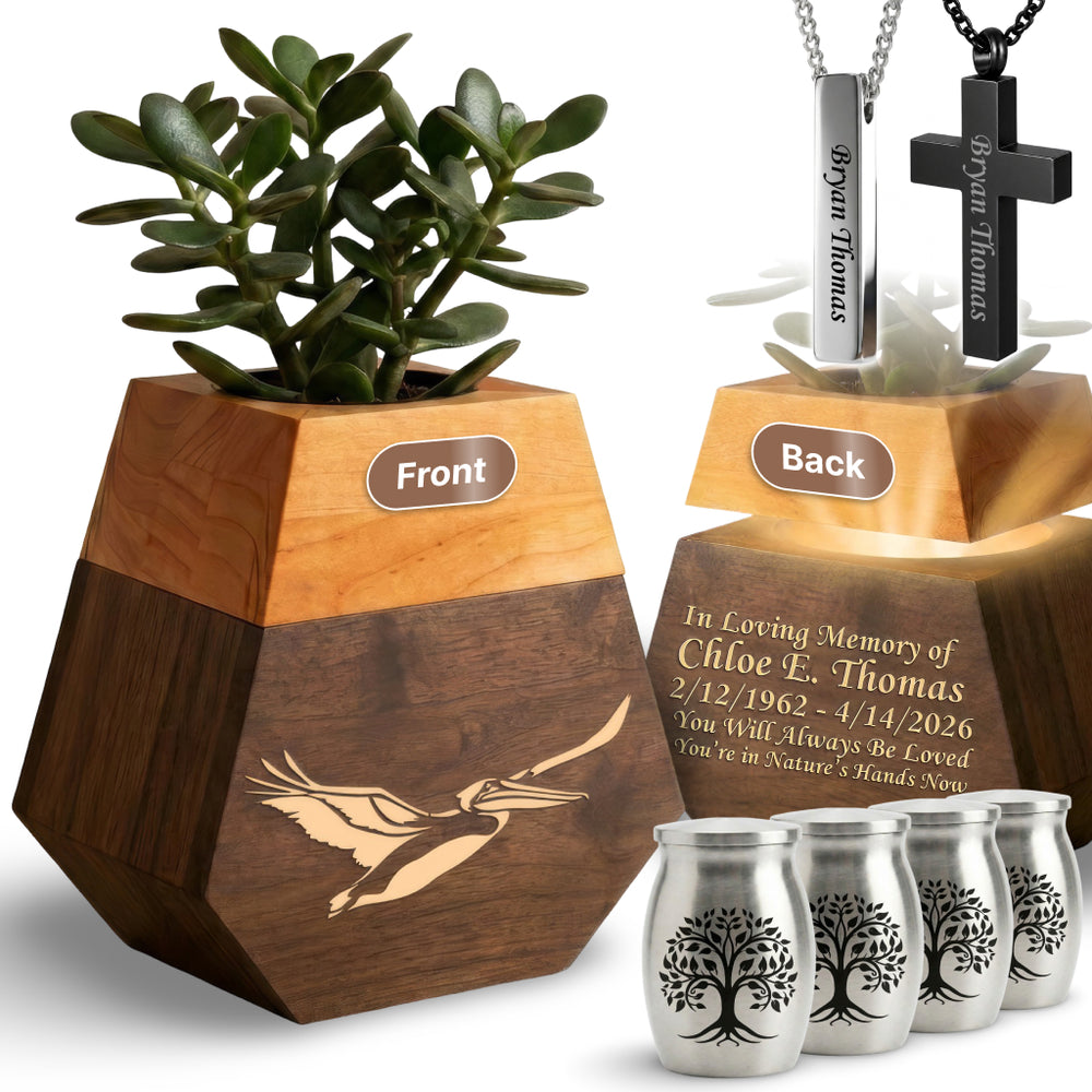 Wooden Plant Cremation Urn with Coastal Nature Design for Ocean Lovers