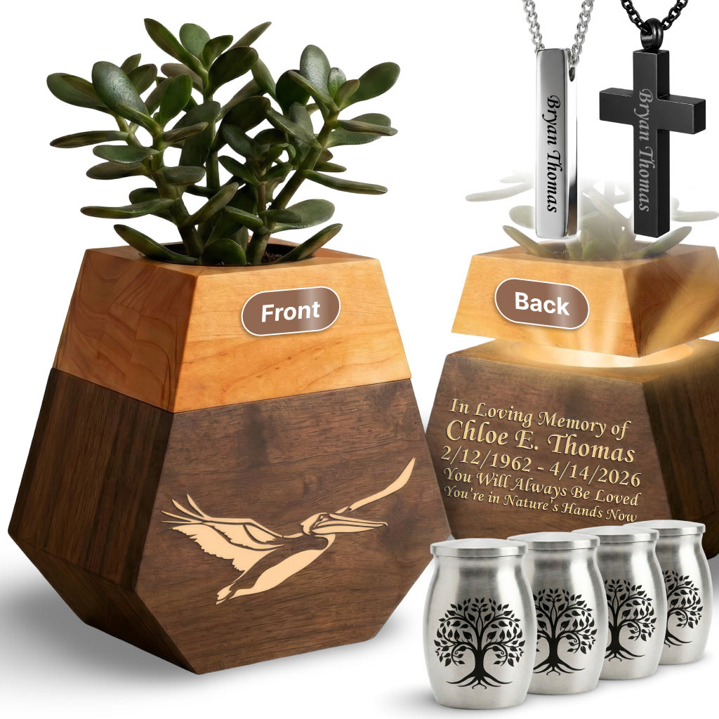 Wooden Plant Cremation Urn with Coastal Nature Design for Ocean Lovers
