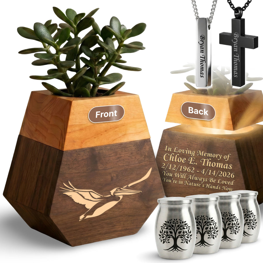 Wooden Plant Cremation Urn with Coastal Nature Design for Ocean Lovers