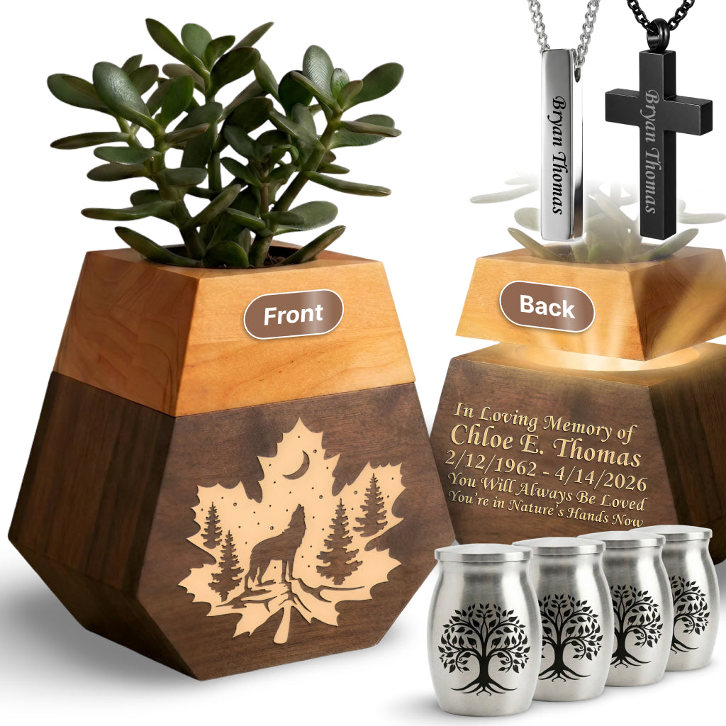 Wooden Plant Cremation Urn with Forest Wildlife Design for Nature Lovers