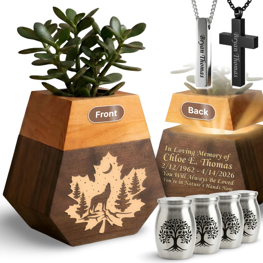 Wooden Plant Cremation Urn with Forest Wildlife Design for Nature Lovers