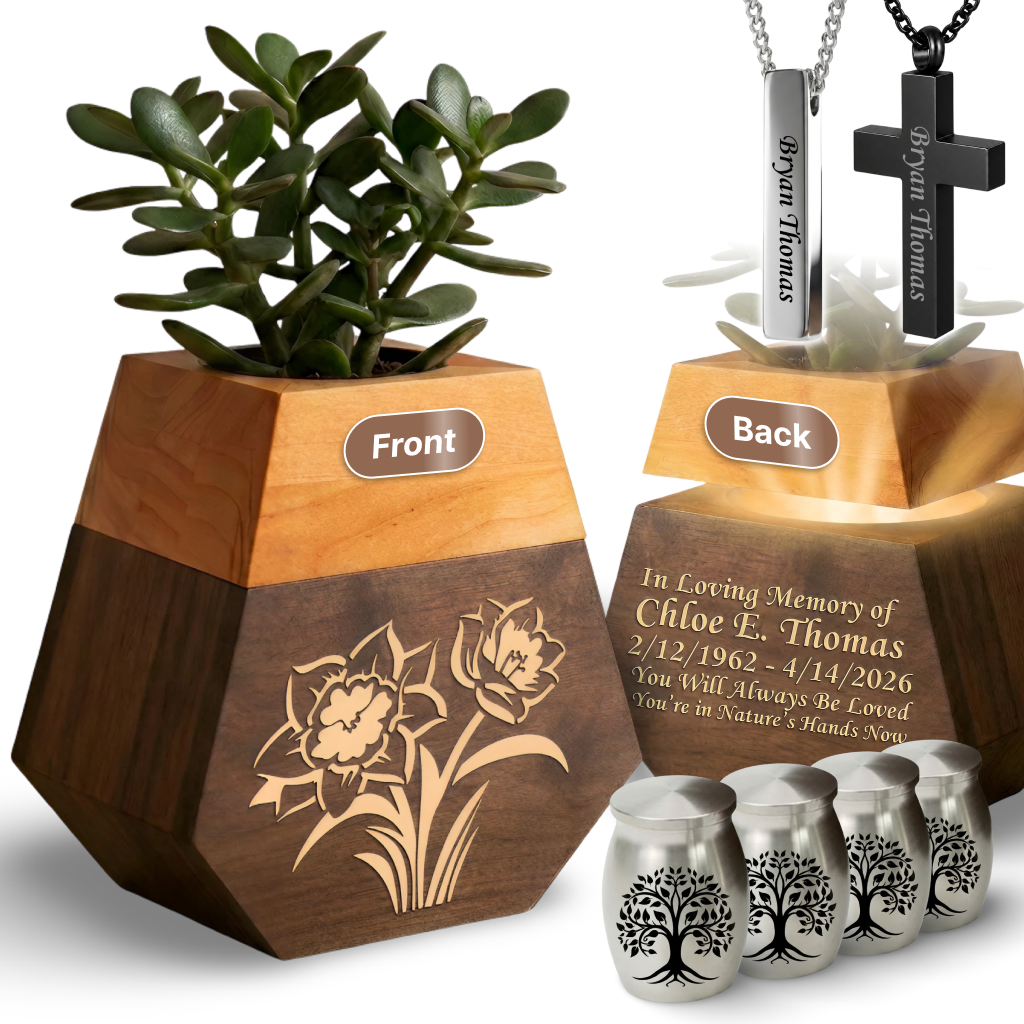 Wooden Plant Cremation Urn with Birds & Flowers Design for Nature Lovers