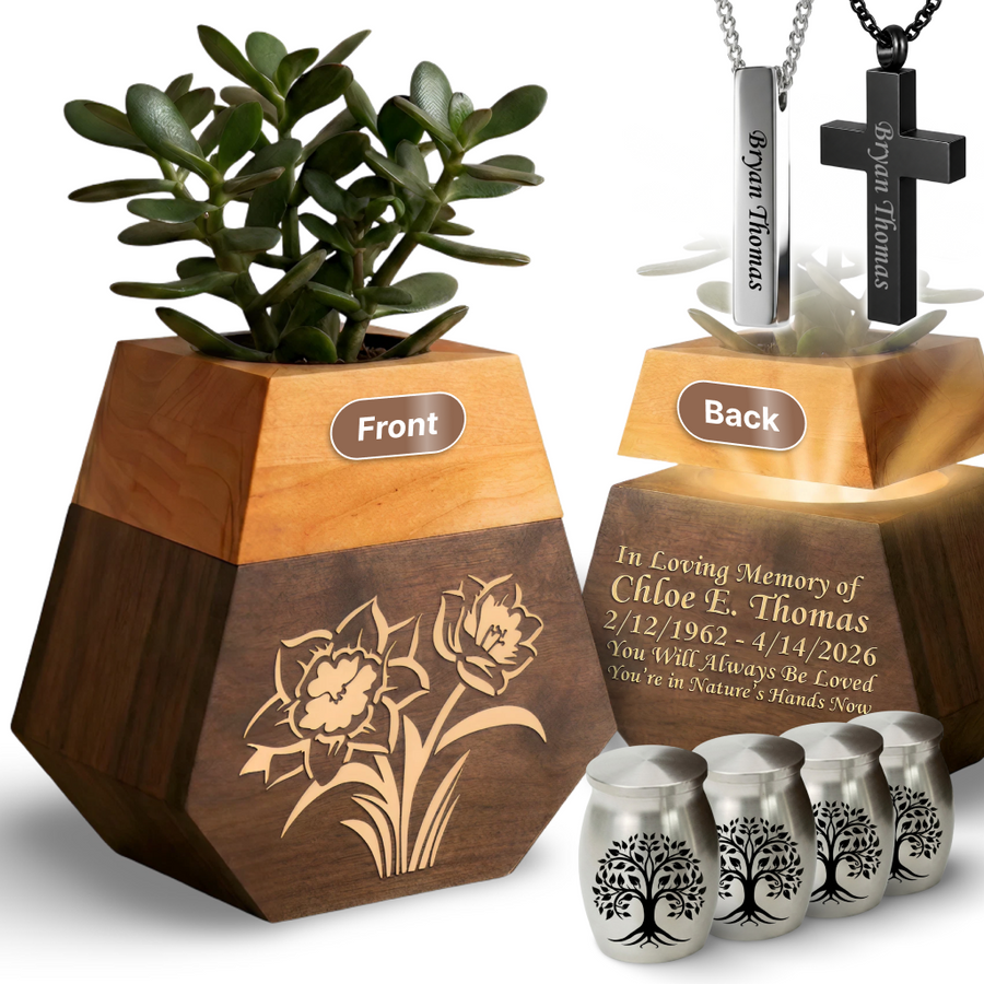 Wooden Plant Cremation Urn with Birds & Flowers Design for Nature Lovers