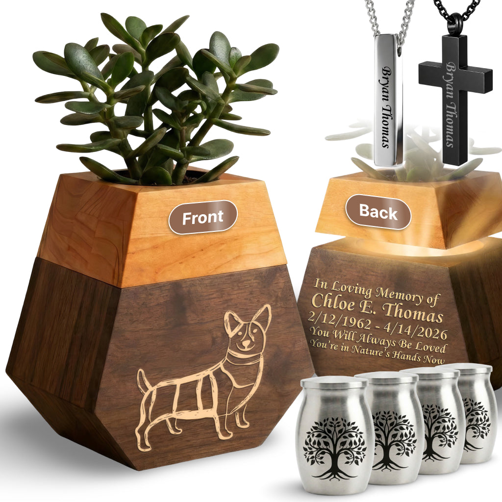 Wooden Plant Cremation Urn with Beloved Dog Design for Pet Lovers