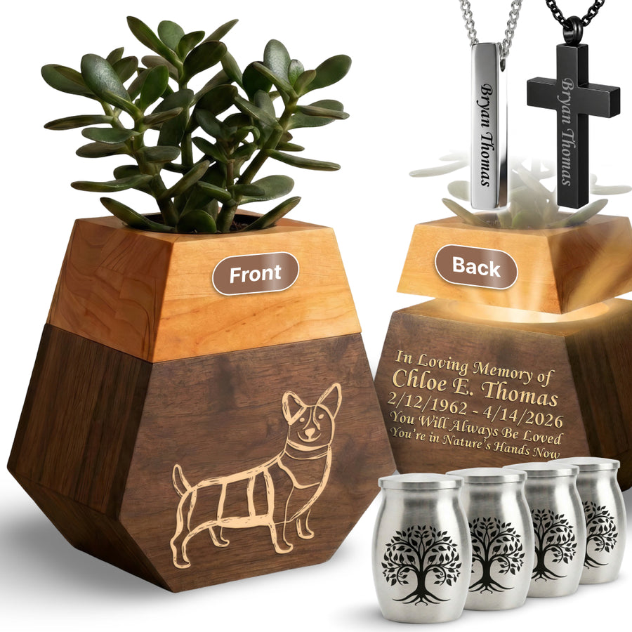 Wooden Plant Cremation Urn with Beloved Dog Design for Pet Lovers