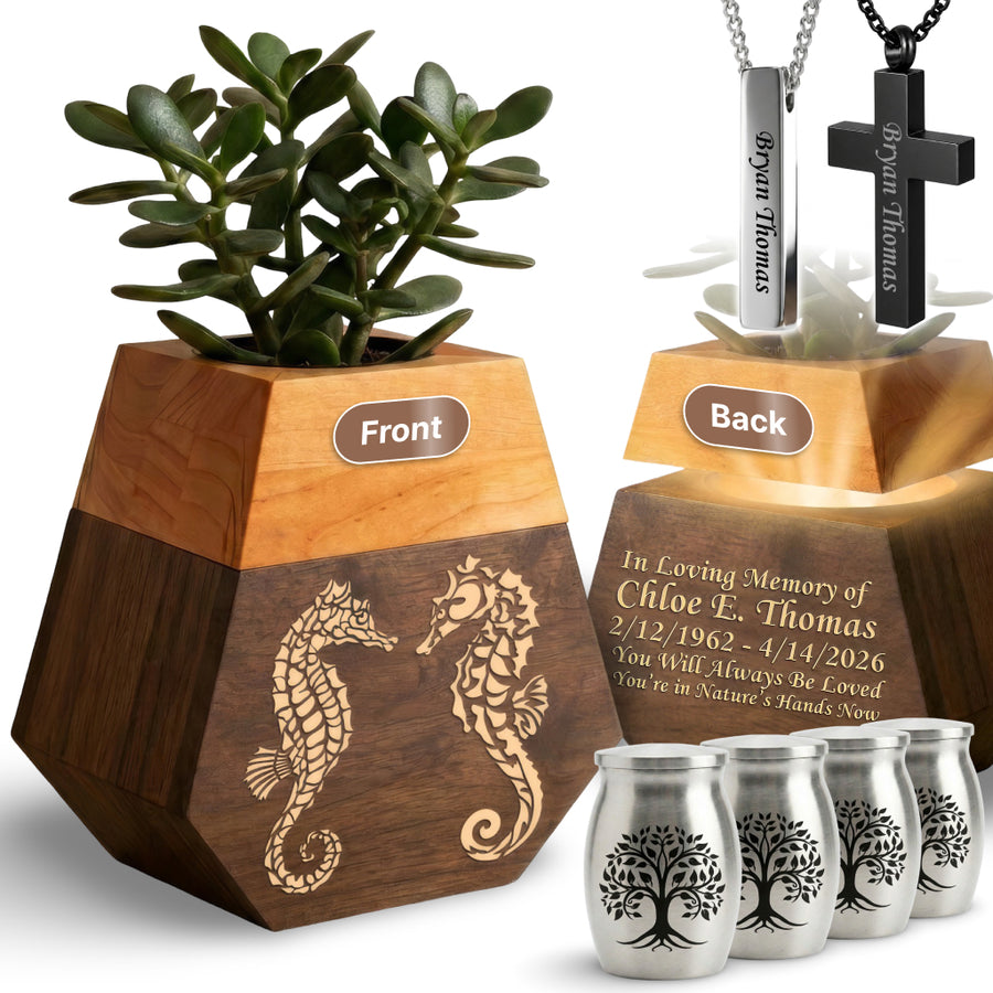 Wooden Plant Cremation Urn with Coastal Nature Design for Ocean Lovers