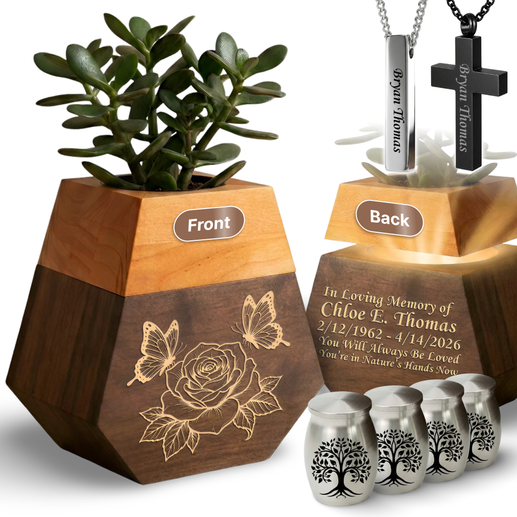 Wooden Plant Cremation Urn with Birds & Flowers Design for Nature Lovers