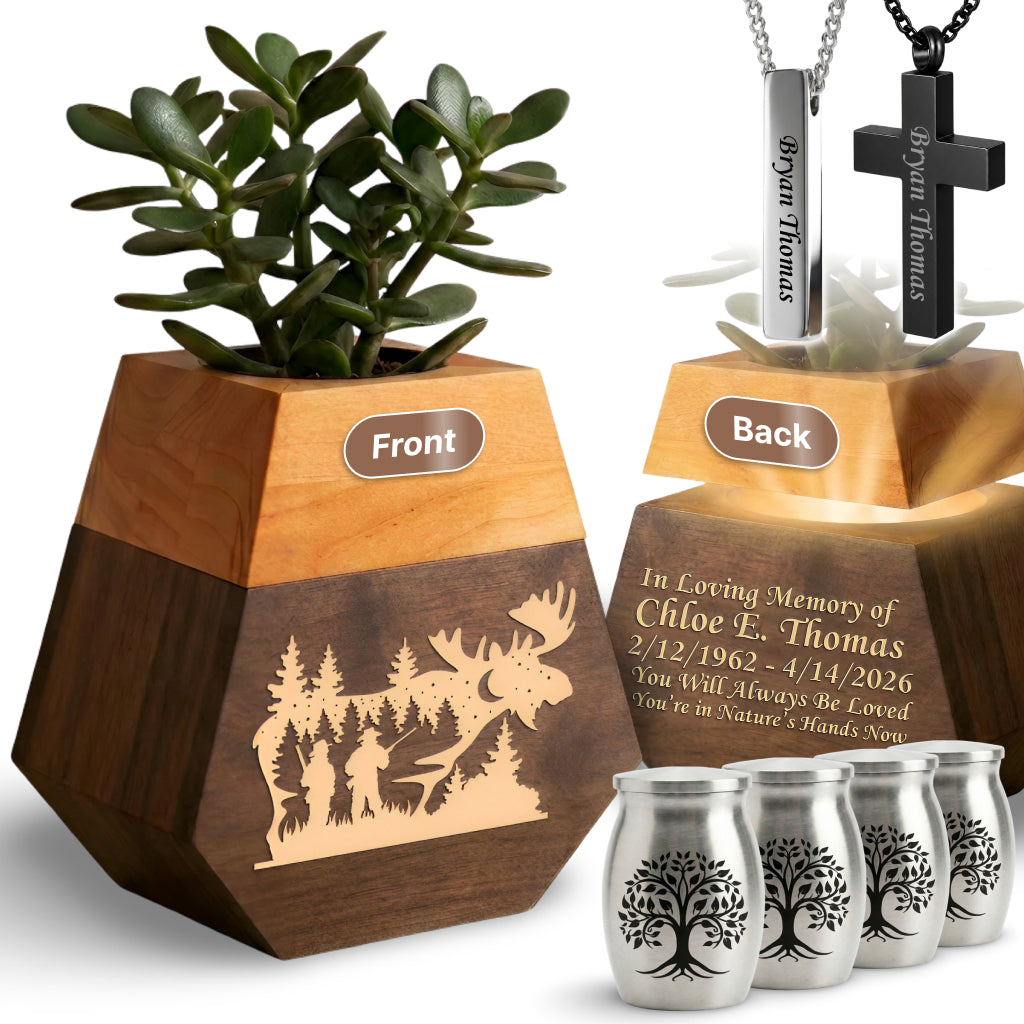 Wooden Plant Cremation Urn with Forest Wildlife Design for Nature Lovers