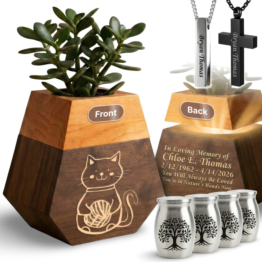 Wooden Plant Cremation Urn with Playful Cat Design for Pet Lovers