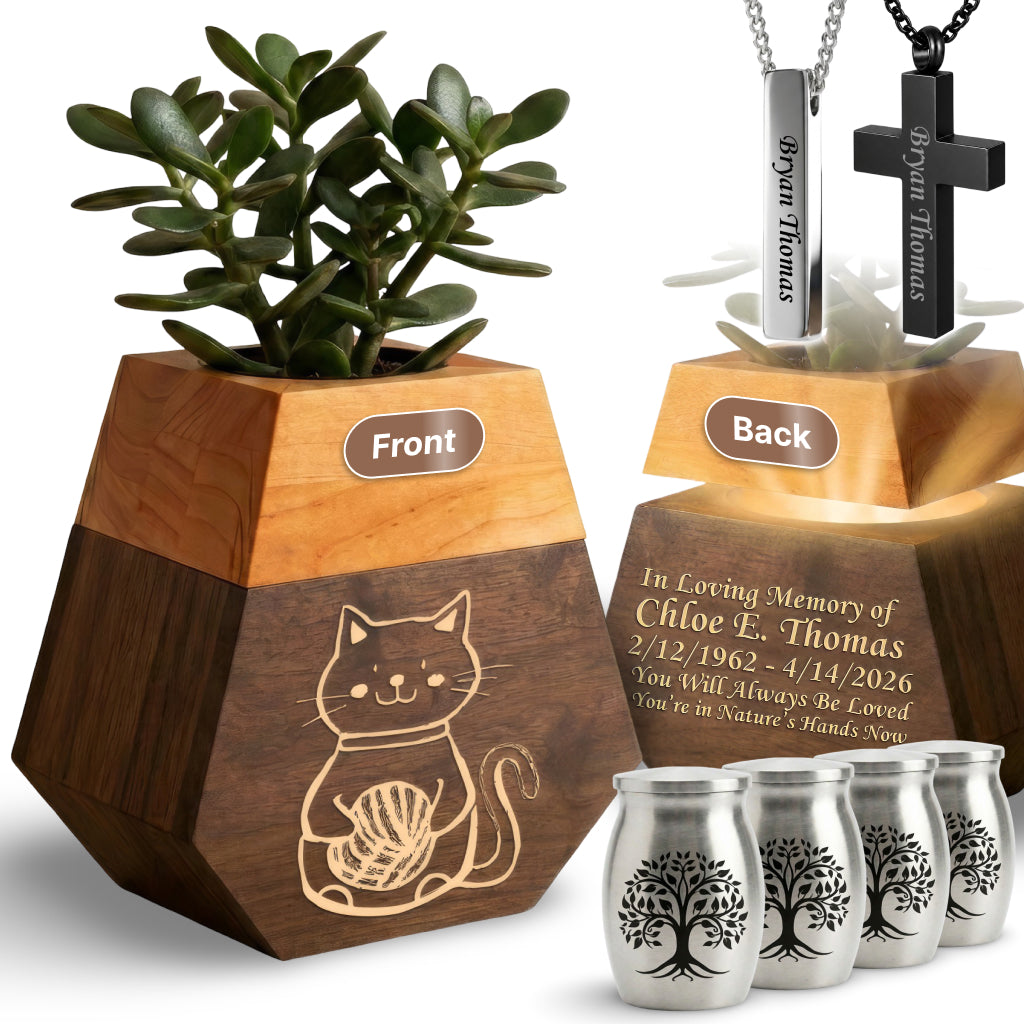 Wooden Plant Cremation Urn with Playful Cat Design for Pet Lovers