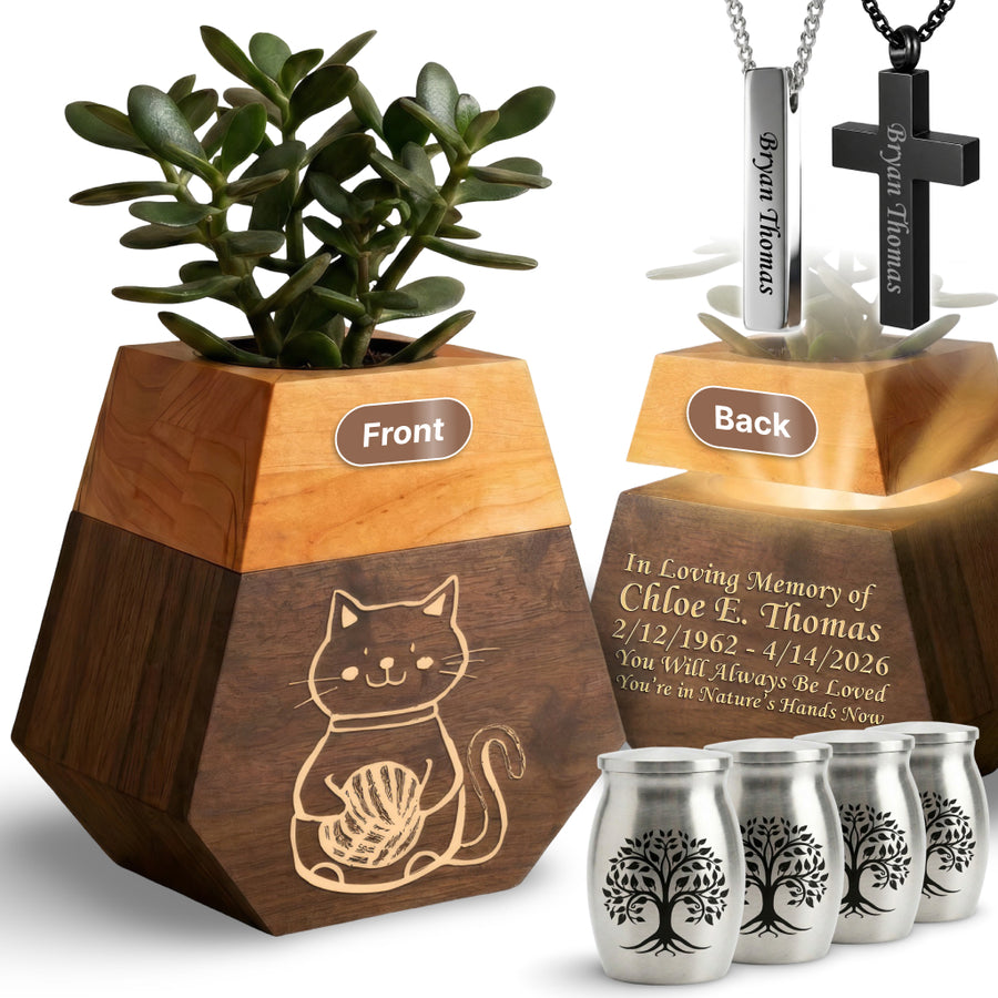 Wooden Plant Cremation Urn with Playful Cat Design for Pet Lovers