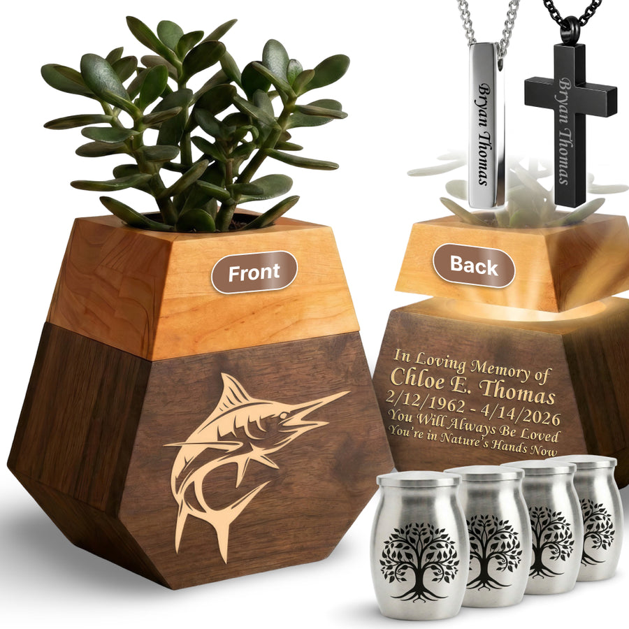 Wooden Plant Cremation Urn with Coastal Nature Design for Ocean Lovers