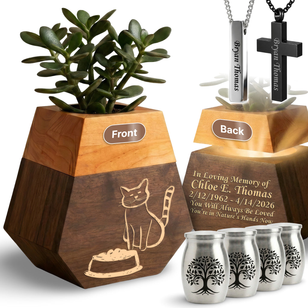 Wooden Plant Cremation Urn with Playful Cat Design for Pet Lovers